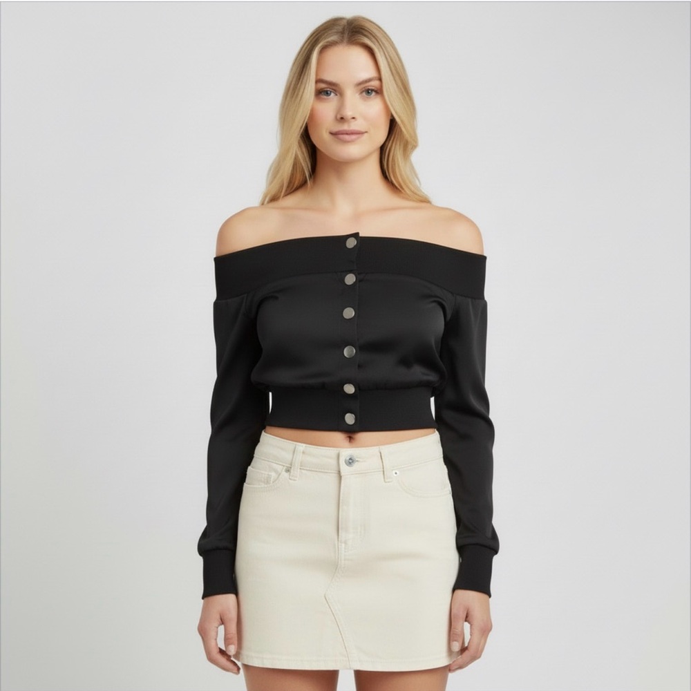 LPA RARE REVOLVE Black Off-Shoulder Buttoned Cropped Jacket Top Size S